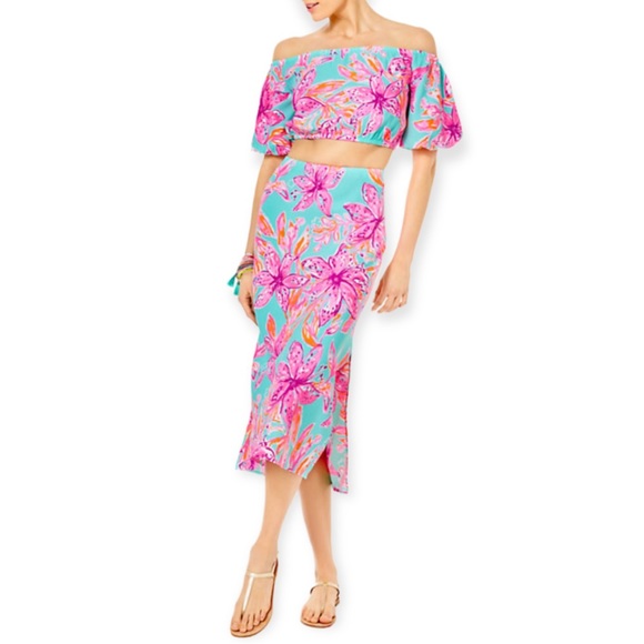 LILLY PULITZER Esmeray Set Surf Blue Bonita Blooms Skirt Puff Sleeve Crop Top - Picture 12 of 13